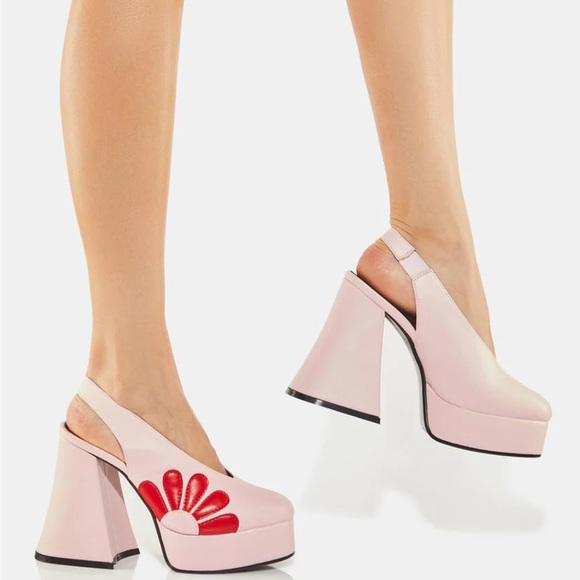 LaModa x Dolls Kill “you’re the one” platforms slingback heels pink red flower - Picture 3 of 9